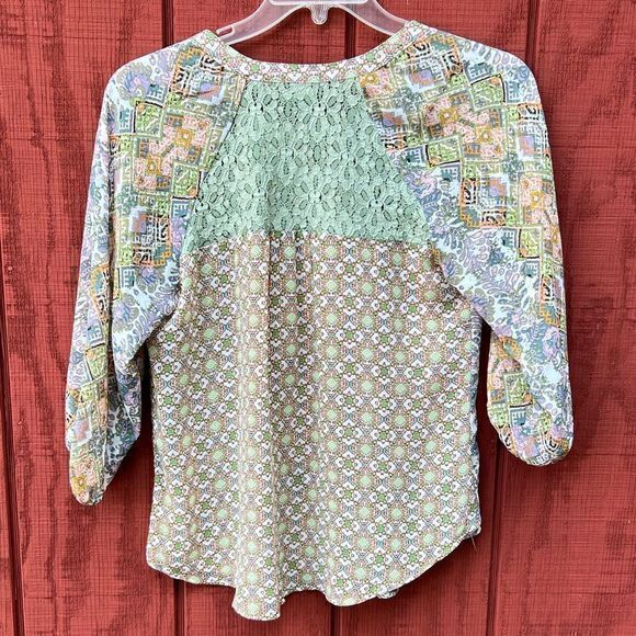 New Directions Women Blouse Top 3/4 Sleeve Tassel Tie Neckline Multicolor Medium - Picture 2 of 5